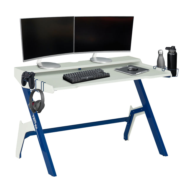 Techni Sport Ergonomic Computer Gaming Desk Workstation with Cupholder & Headphone Hook, Blue