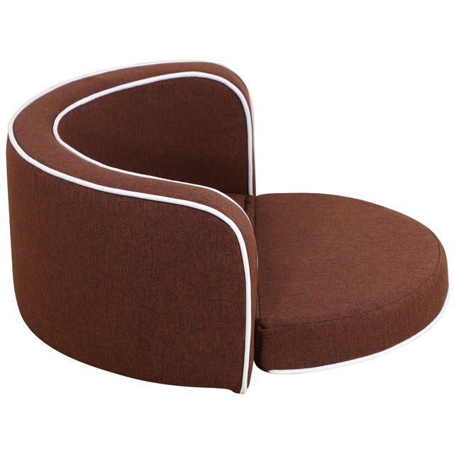 30" Brown Round Pet Sofa, Dog sofa, Dog bed, Cat Bed, Cat Sofa, with Wooden Structure and Linen Goods White Roller Lines on the Edges Curved Appearance pet Sofa with Cushion