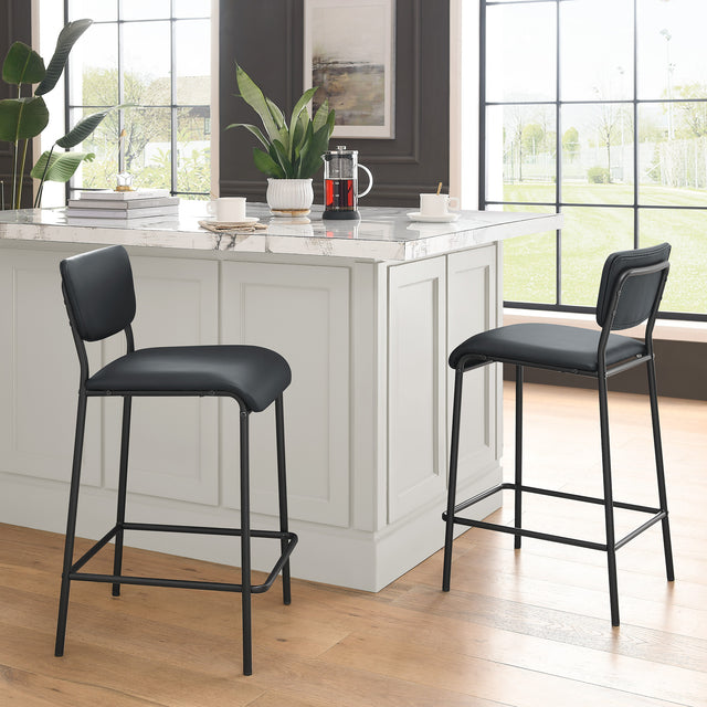 Pu Faux Leather Counter Stools Set of 2, Pub Counter Stool with Back and Footrest, Black (17.5"x19.25“x34.5”)