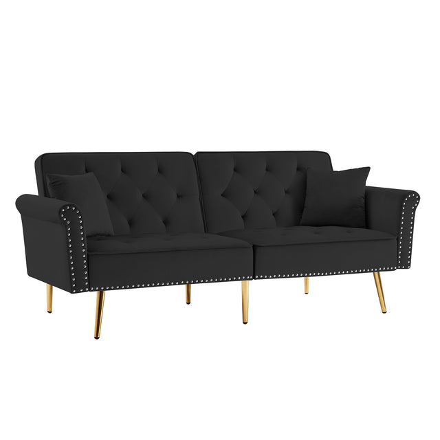 Modern Velvet Tufted Sofa Couch with 2 Pillows and Nailhead Trim, Loveseat Sofa Futon Sofa Bed with Metal Legs for Living Room.