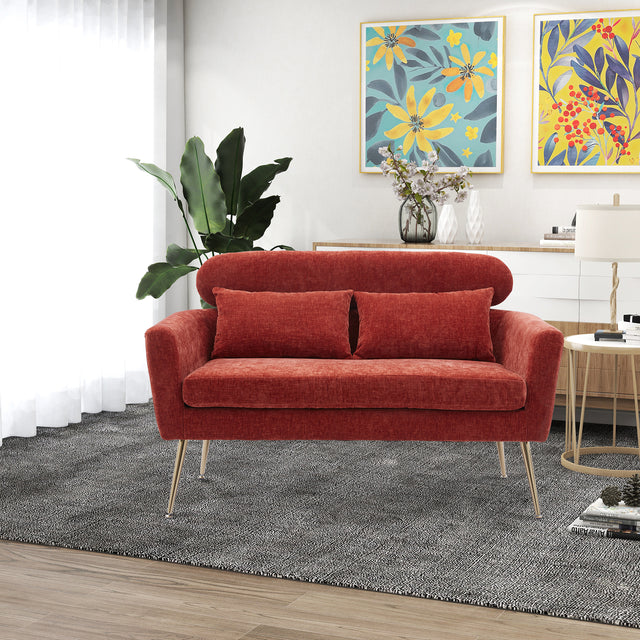 51"W Modern Chenille Loveseat Small Sofa Small Mini Room Couch Two-Seater Sofa With 2 Throw Pillows Gold Metal Legs for Small Space Office Studio Apartment Bedroom, Terracotta Chenille