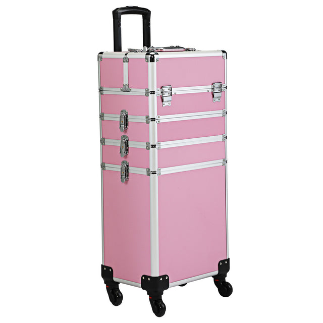 4-in-1 Makeup Travel Case with 360° Rolling Wheels, Locks, Keys and Adjustable Dividers, Pink
