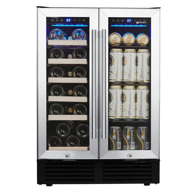SOTOLA 24'' Wine Cooler Refrigerator - Dual Zone Built-in or Freestanding Fridge with Stainless Steel Tempered Glass Door and Temperature Memory Function