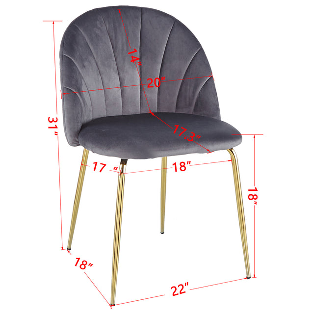 Modern Grey dining chair(set of 2 ) with iron tube golden legs, velvet cushions and comfortable backrest,(N.W 10.582 Ibs / 1piece ) suitable for dining room, living room, cafe, simple structure.