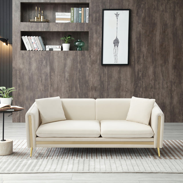 77.2” Modern Upholstered Velvet Sofa 3 Seater Couch with Removable Cushions Side Pocket Mid-Century Tufted Living Room Set Gold Metal Legs,2 Pillows Included,Beige