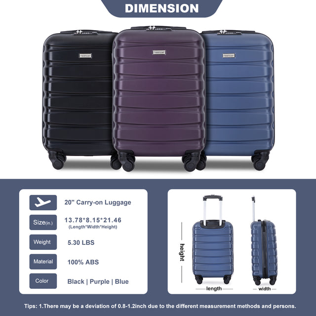 20" Carry on Luggage ABS Lightweight Suitcase, Spinner Wheels, TSA Lock, Blue