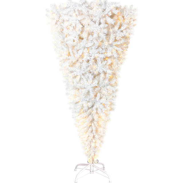 Upside Down White Christmas Tree, Xmas Tree with LED Warm White Lights, Reinforced Metal Base & Easy Assembly 6.6ft, w/1,200 Lush Branch Tips, 450 LED Lights X-mas