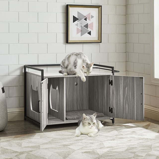 Hidden Cat Litter Box Furniture with Ventilation and Bench Seat, Pet Crate with Iron and Wood Sturdy Structure