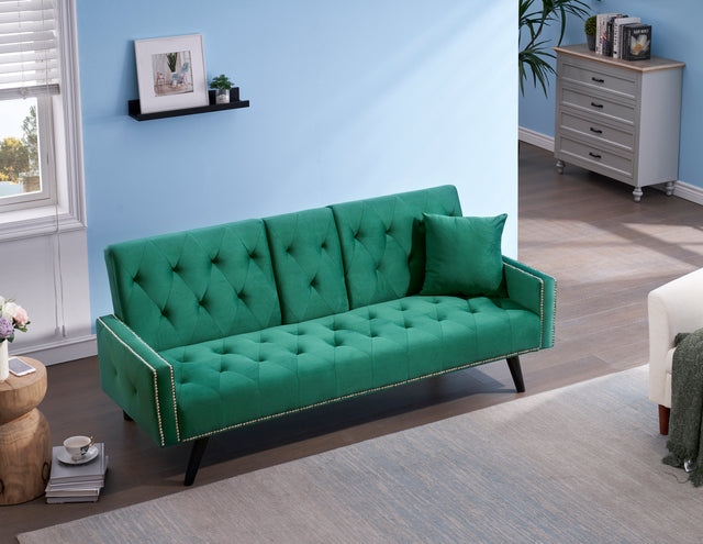 1730 Sofa Bed Armrest with Nail Head Trim with Two Cup Holders 72" Green Velvet Sofa for Small Spaces