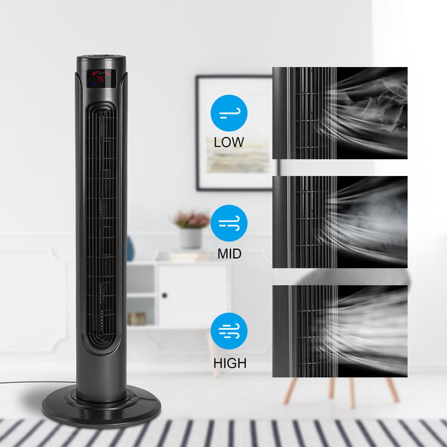 36 Inch High Efficiency Cooling Tower Fan with 3 Speed Settings and 15 Hour Timer, 70 Degree Auto Oscillating with Remote, Standing Fan for Bedroom Home Office