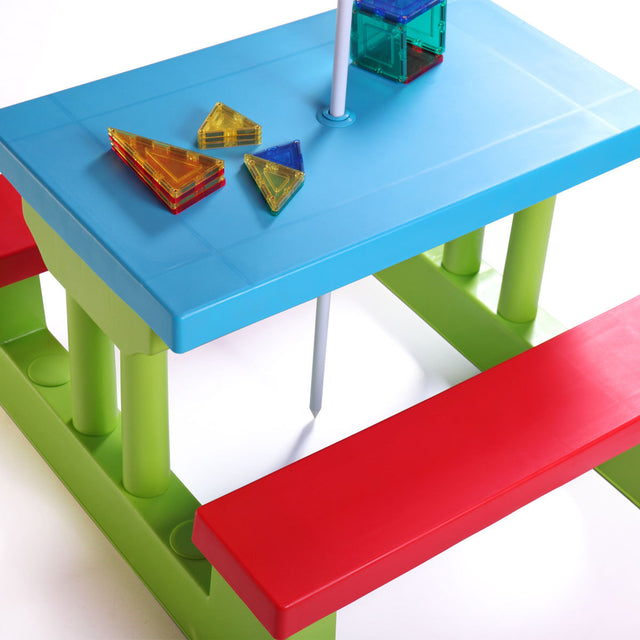 Kid Outdoor Picnic Table Set with Removable and Foldable Umbrella, Junior Activity Play Table with Bench, Multicolor