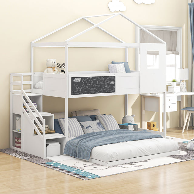 Twin over Full House Bunk Bed with Storage Staircase and Blackboard,White