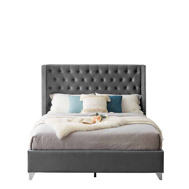 B100S Queen bed, Button designed Headboard, strong wooden slats + metal support feet, Gray Flannelette