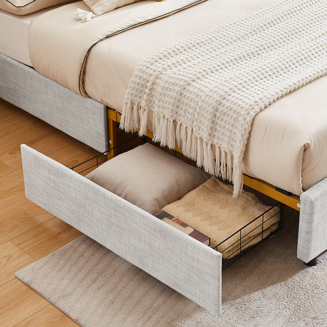 Classic buckle backrest, metal frame, solid wood ribs, with four storage drawers, sponge soft bag, comfortable and elegant atmosphere, light gray, f-size