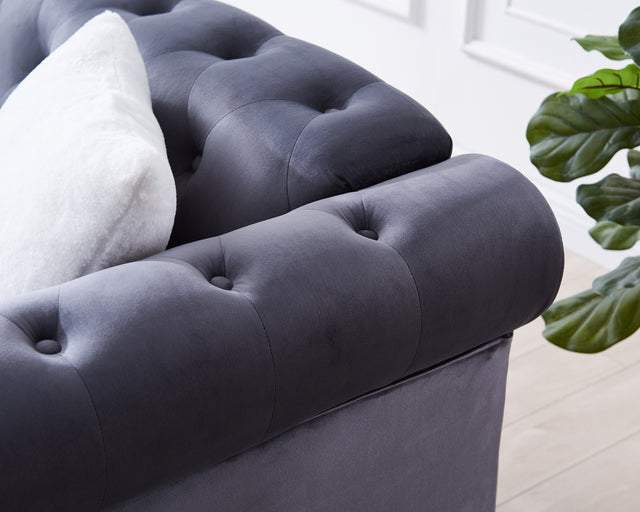 Loveseat Living Room Sofa, with Button and Copper Nail on Arms and Back, Two White Villose Pillow, Velvet Grey (60"x34.5"x30")