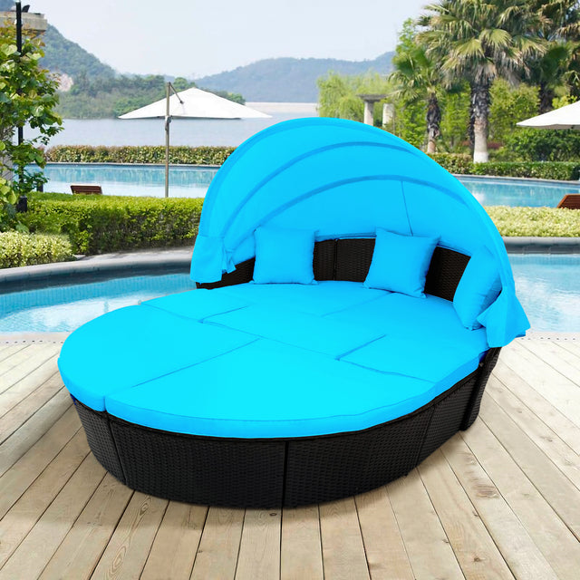 Outdoor rattan daybed sunbed with Retractable Canopy Wicker Furniture, Round Outdoor Sectional Sofa Set, black Wicker Furniture Clamshell Seating with Washable Cushions, Backyard, Porch, Blue.