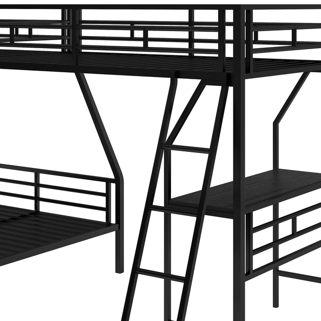 Twin over Full Bunk Bed with a Twin Size Loft Bed attached, with a Desk, Metal, Black