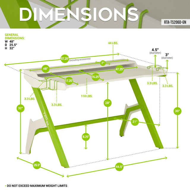 Techni Sport Ergonomic Computer Gaming Desk Workstation with Cupholder & Headphone Hook, Green