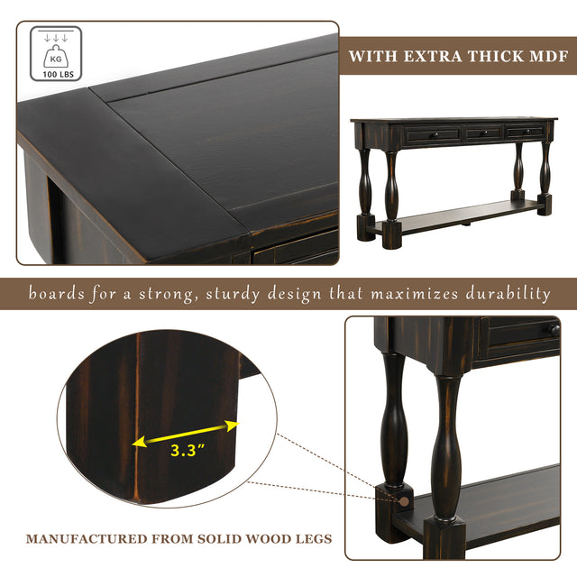 TREXM Console Table 64" Long Extra-thick Sofa Table with Drawers and Shelf for Entryway, Hallway, Living Room (Distressed Black)