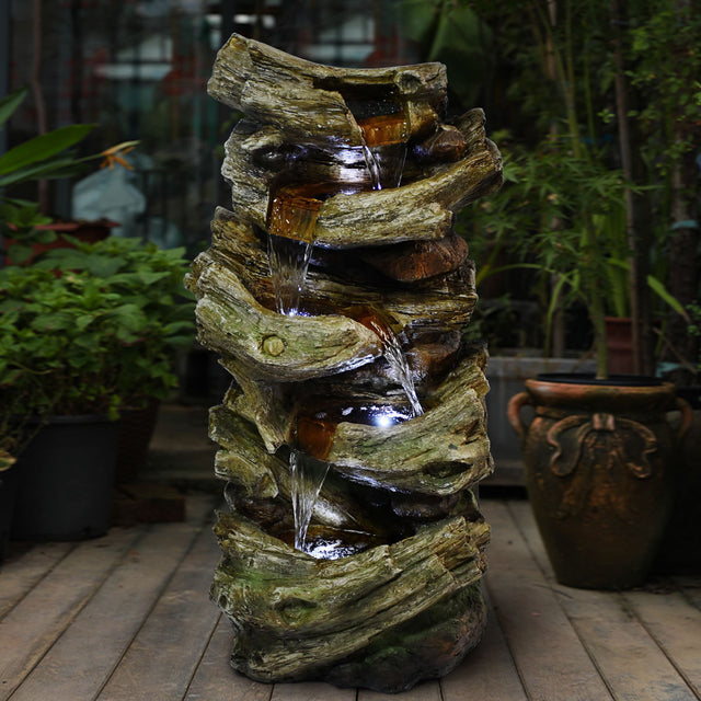 Indoor Outdoor 5-Tier Floor Rack Water Fall Fountain with White LED Light for Patio Yard Garden Lawn