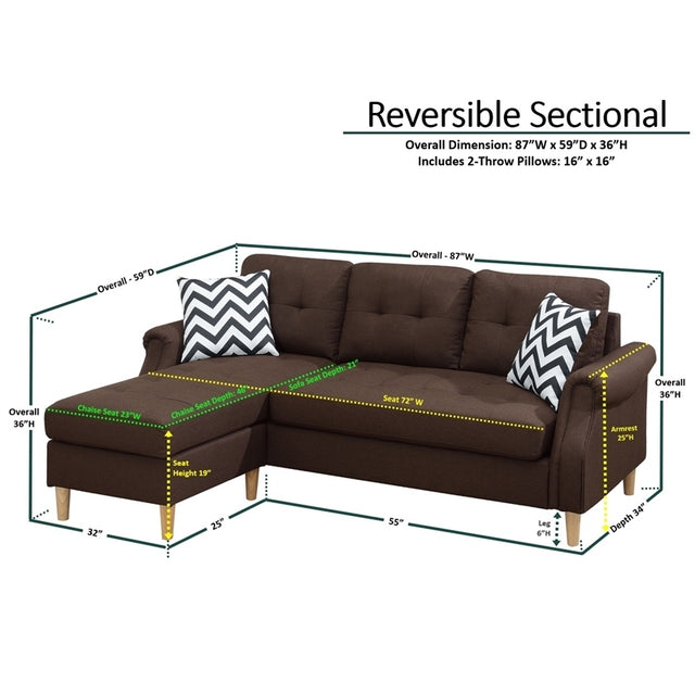 Living Room Corner Sectional Dark Coffee Polyfiber Chaise sofa Reversible Sectional