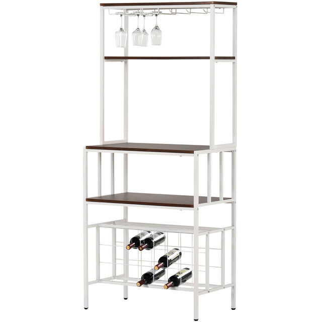 TOPMAX Updated Industrial Modern 5-Tier Baker Rack, Freestanding Bar Wine Rack Table with Glass& Cup Holders&Hooks, Dark Brown