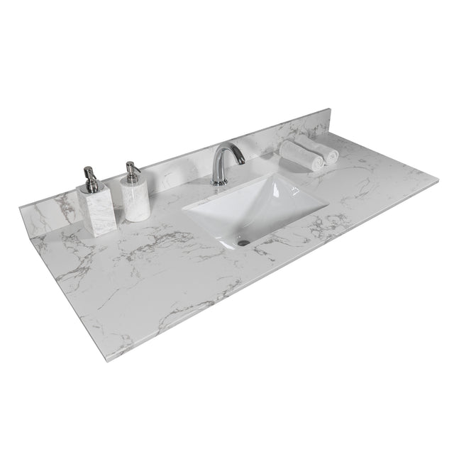 Montary 43‘’x22" bathroom stone vanity top engineered stone carrara white marble color with rectangle undermount ceramic sink and single faucet hole with back splash .