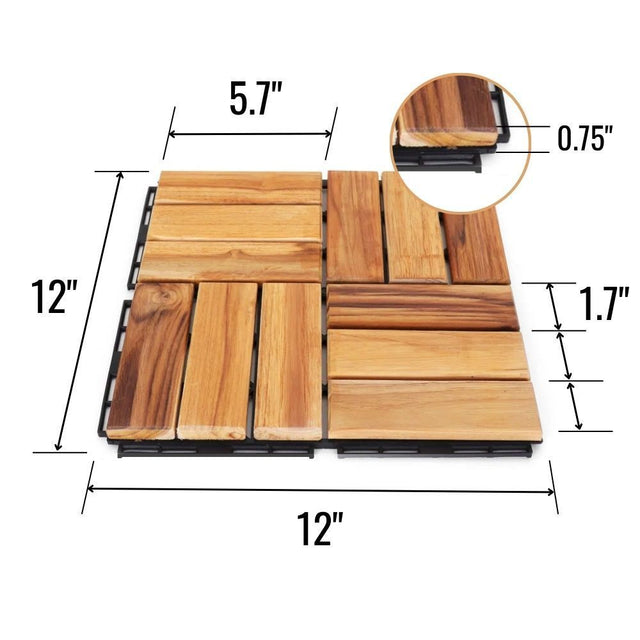 12" x 12" Square Teak Wood Interlocking Flooring Tiles Checker Pattern Pack of 10 Tiles