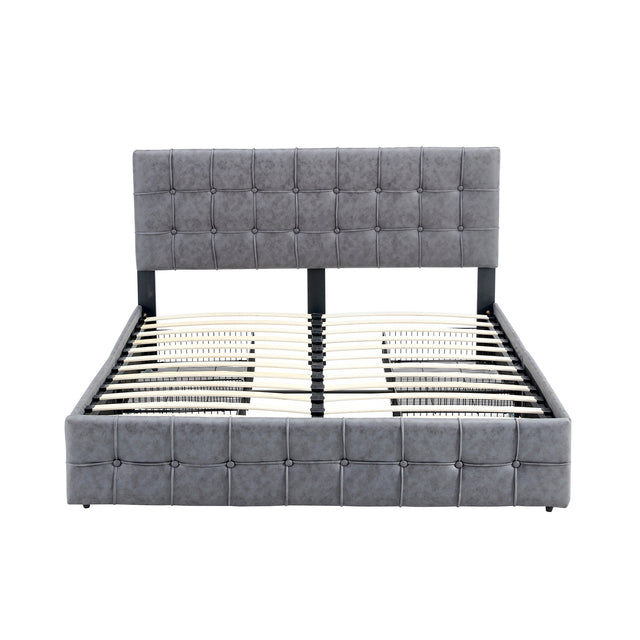 Hot Sale Queen Size Dark Grey Tech cloth Button Embedded Adjustable Headboard Height Upholstered Platform Bed Frame with Storage Drawers