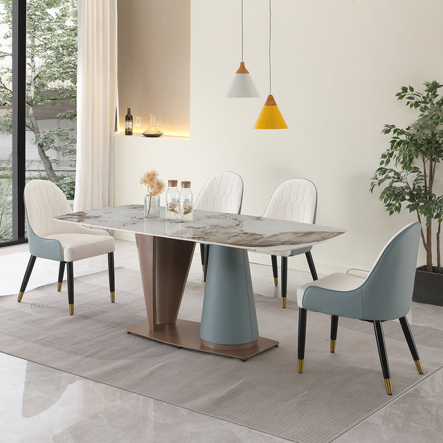 71" Pandora color sintered stone dining table with cone shape Pedestal Base in champagne and blue color