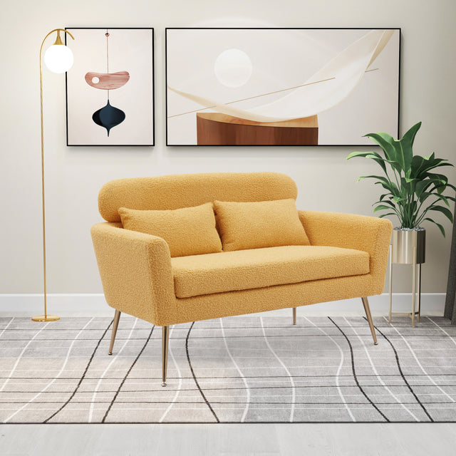 51"W Modern Boucle Loveseat Small Sofa Small Mini Room Couch Two-Seater Sofa With 2 Throw Pillows Gold Metal Legs for Small Space Office Studio Apartment Bedroom, Yellow Boucle