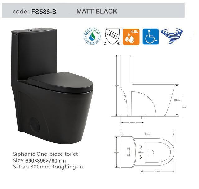 Dual Flush Elongated Standard One Piece Toilet with Comfortable Seat Height, Soft Close Seat Cover, High-Efficiency Supply, black Toilet