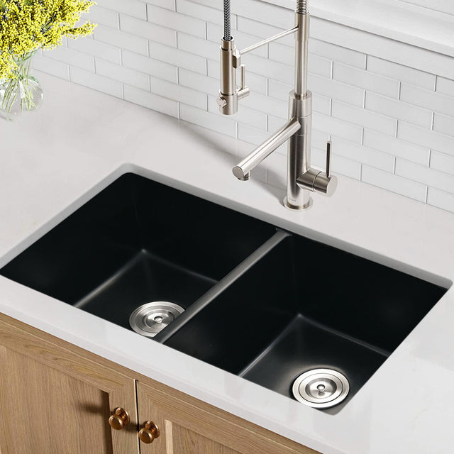 33" L X 18" W Double Bowl Undermount Kitchen Sink With Basket Strainer
