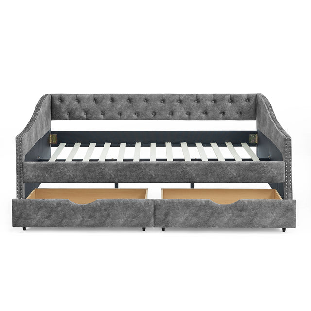 Full Size Daybed with Drawers Upholstered Tufted Sofa Bed, with Button on Back and Copper Nail on Waved Shape Arms,Grey(80.5“x55.5”x27.5“)