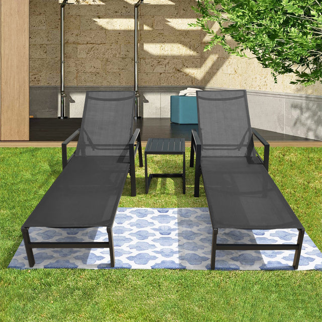 Outdoor 3-Pcs Set Chaise Lounge Chairs With Table,Five-Position Adjustable Aluminum Recliners Set,All Weather For Patio,Beach,Yard, Pool(Grey Frame/Dark Gray Fabric)