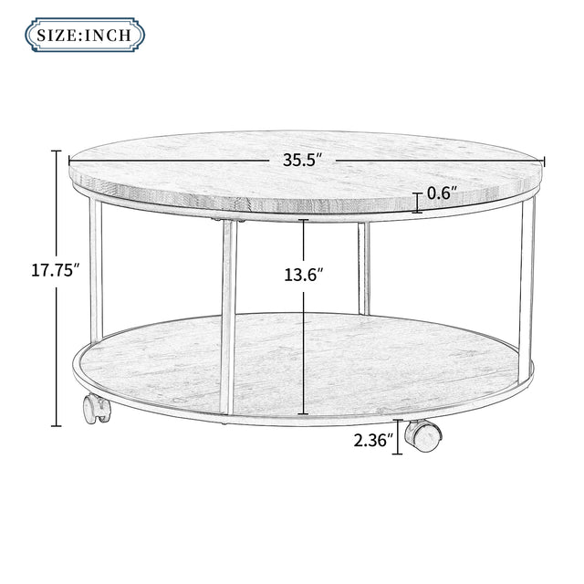 ON-TREND Round Coffee Table with Caster Wheels and Wood Textured Surface for Living Room, φ35.5”( Distressed Brown)