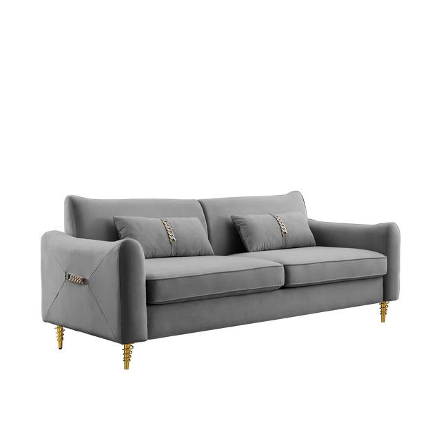 80.3" Modern Sofa Couch Upholstered Sofa Tufted Back Comfy Velvet Long Couch with 2 Pillows and Golden Legs for Living Room, Bedroom, Office, Apartment, Grey