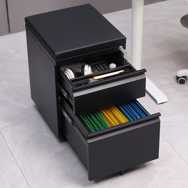 Mobile File Cabinet 2-Drawer Pedestal with Lock for Storage Use for Home Office and Business Enterprise,Legal/Letter Size Black,With 5 Wheels,with Leather cushion