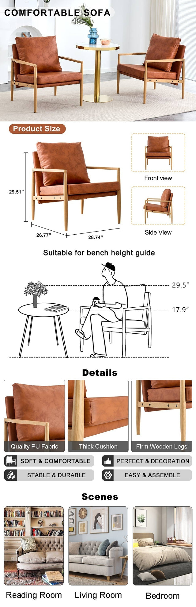 Sofa Chair Set of 2.PU Leather Accent Arm Chair Mid Century Modern Upholstered Armchair with Imitation solid wood color Metal Frame Extra-Thick Padded Backrest and Seat Cushion Sofa Chairs