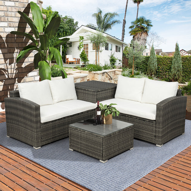 TOPMAX 4 PCS Outdoor Cushioned PE Rattan Wicker Sectional Sofa Set Garden Patio Furniture Set (Beige Cushion)