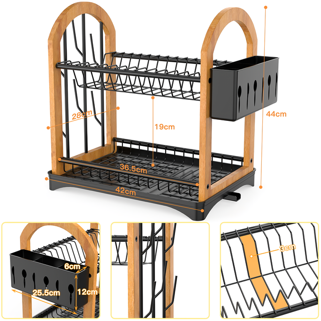 2-Tier Drying Dish Rack for Kitchen Counter, Kitchen Dishes Organizers Drain Board Metal Black
