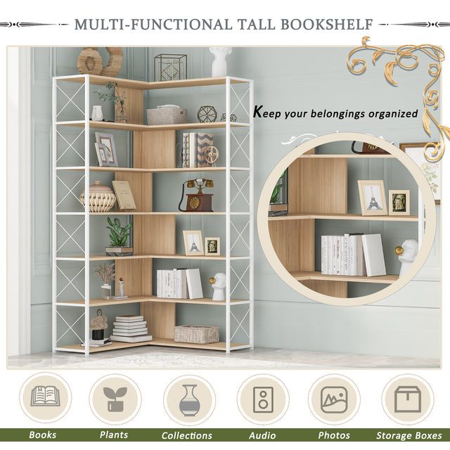 7-Tier Bookcase Home Office Bookshelf, L-Shaped Corner Bookcase with Metal Frame, Industrial Style Shelf with Open Storage, MDF Board