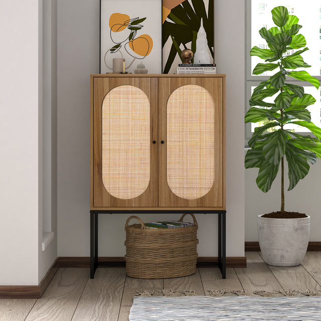 Natural rattan, Allen 2 Door high cabinet, rattan, Built-in adjustable shelf, Easy Assembly, Free Standing Cabinet for Living Room Bedroom