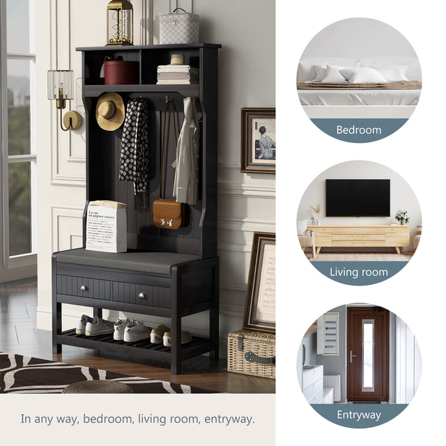 U-Can Hall Tree with 4 Hooks and Hinged Lid, Coat Hanger, Entryway Bench, Storage Bench, 3-in-1 Design, 69INCH, for Entrance, Hallway (Black)