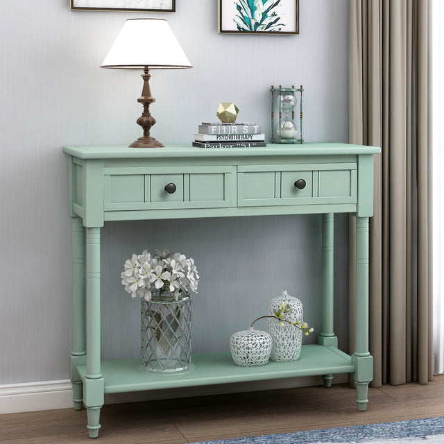 TREXM Daisy Series Console Table Traditional Design with Two Drawers and Bottom Shelf Acacia Mangium (Retro blue)