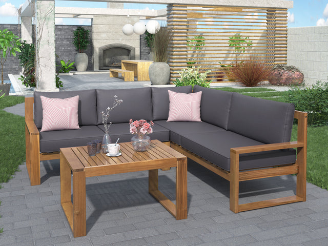 U_STYLE 3-Piece Patio Sectional Set Acacia Wood and Grey Cushions Ideal for Outdoors and Indoors