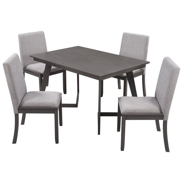 TOPMAX 5-Piece Dining Set, Wood Rectangular Table with 4 Linen Fabric Chairs, Gray