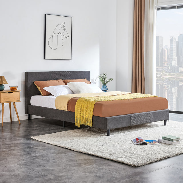 Queen Size Velvet Upholstered Tufted Platform Bed Frame / Mattress Foundation / Wood Slat Support / No Box Spring Needed / Easy Assembly, Queen, Platform Bed Only, Dark Grey
