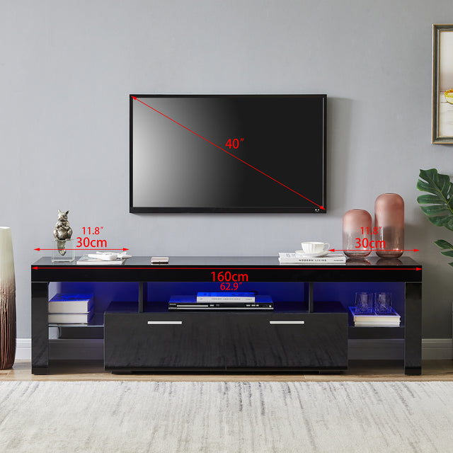 20 minutes quick assemble,Black morden TV Stand with LED Lights,high glossy front TV Cabinet,can be assembled in Lounge Room, Living Room or Bedroom,color:black