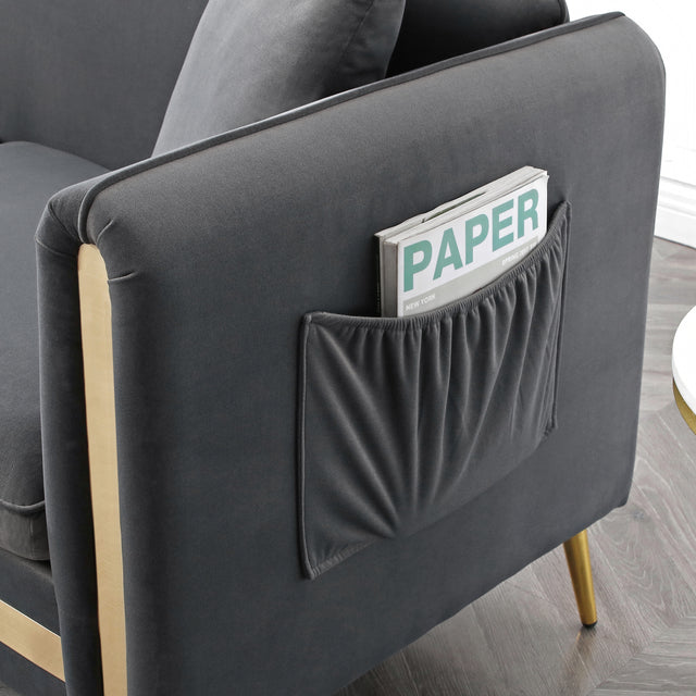 59” Modern Upholstered Velvet Loveseat Sofa 2 Seater Couch with Removable Cushions Side Pocket Mid-Century Tufted Living Room Set Gold Metal Legs,2 Pillows Included,Grey